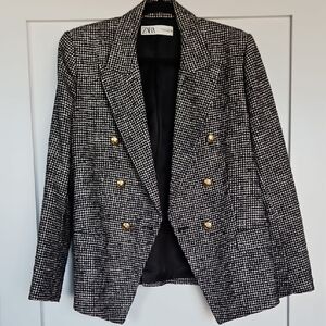 Zara Black & White Tweed Double-Breasted Blazer with Gold Buttons